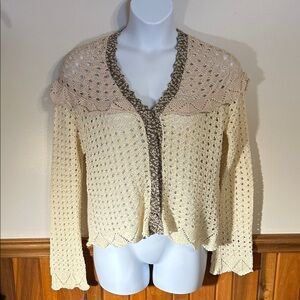 BKE Women's Cream and Tan Crochet Sweater  Size XL